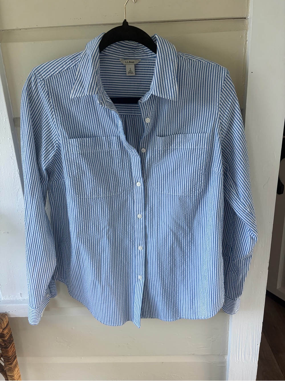 L.L. Bean Blue and White Striped Cotton Button-Down Shirt